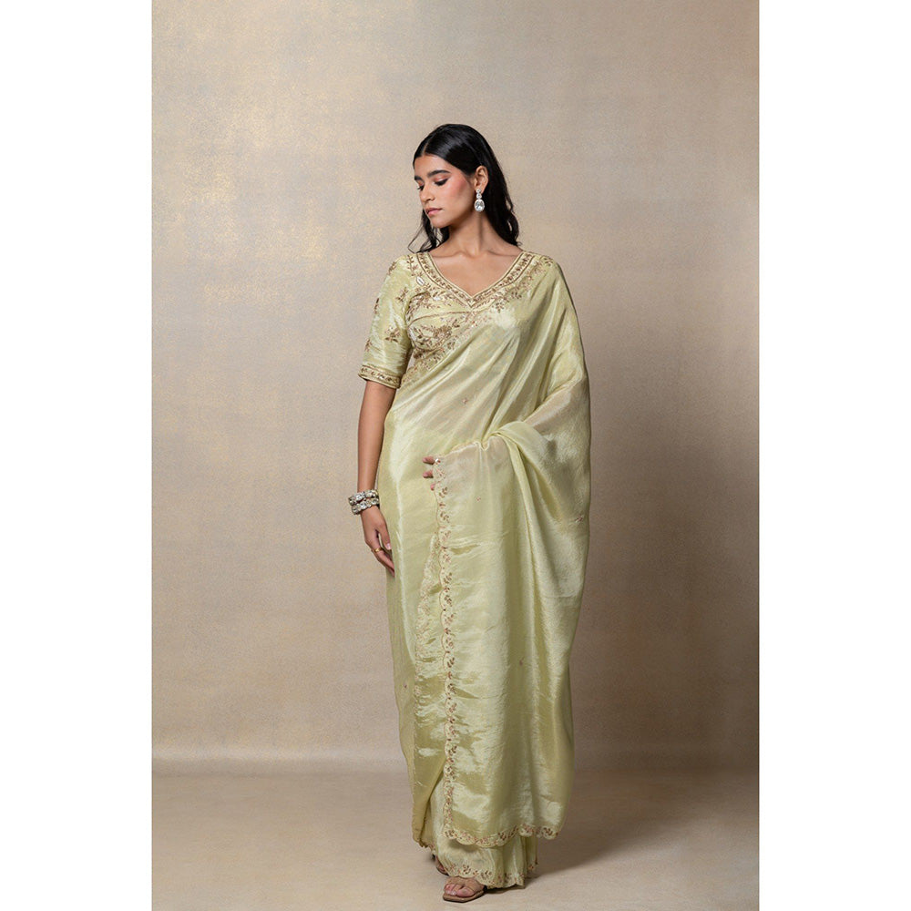 RIYAASAT Pista Green Silk Zari Embroidery Saree and Unstiched Blouse