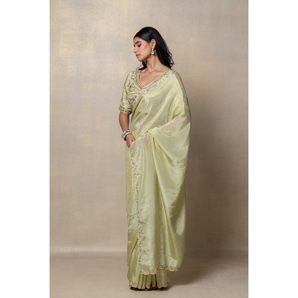 RIYAASAT Pista Green Silk Zari Embroidery Saree and Unstiched Blouse