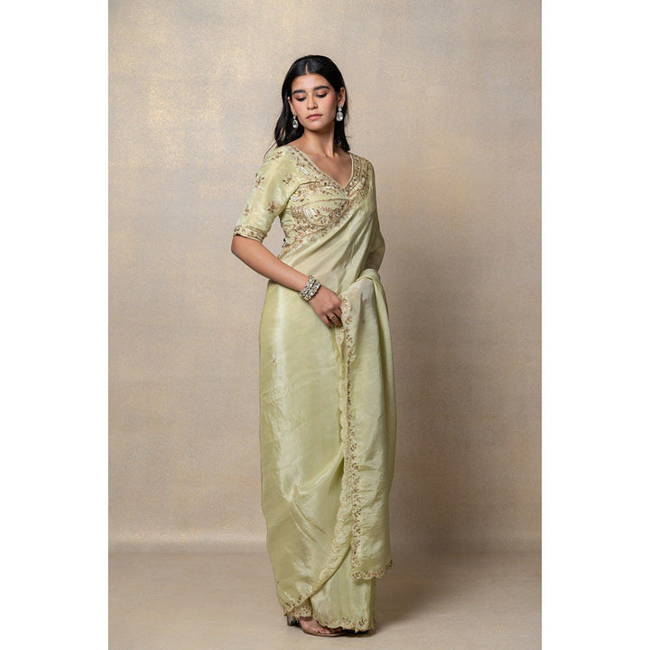 RIYAASAT Pista Green Silk Zari Embroidery Saree and Unstiched Blouse