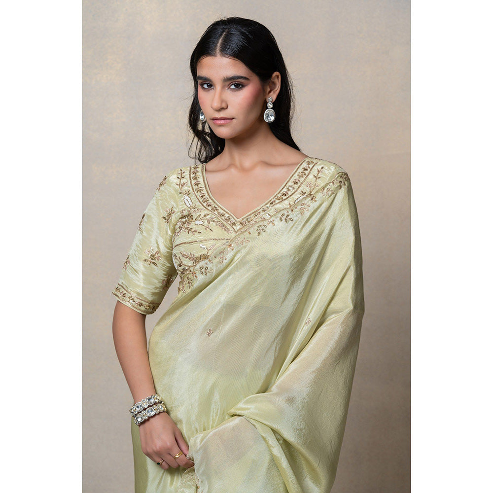 RIYAASAT Pista Green Silk Zari Embroidery Saree and Unstiched Blouse