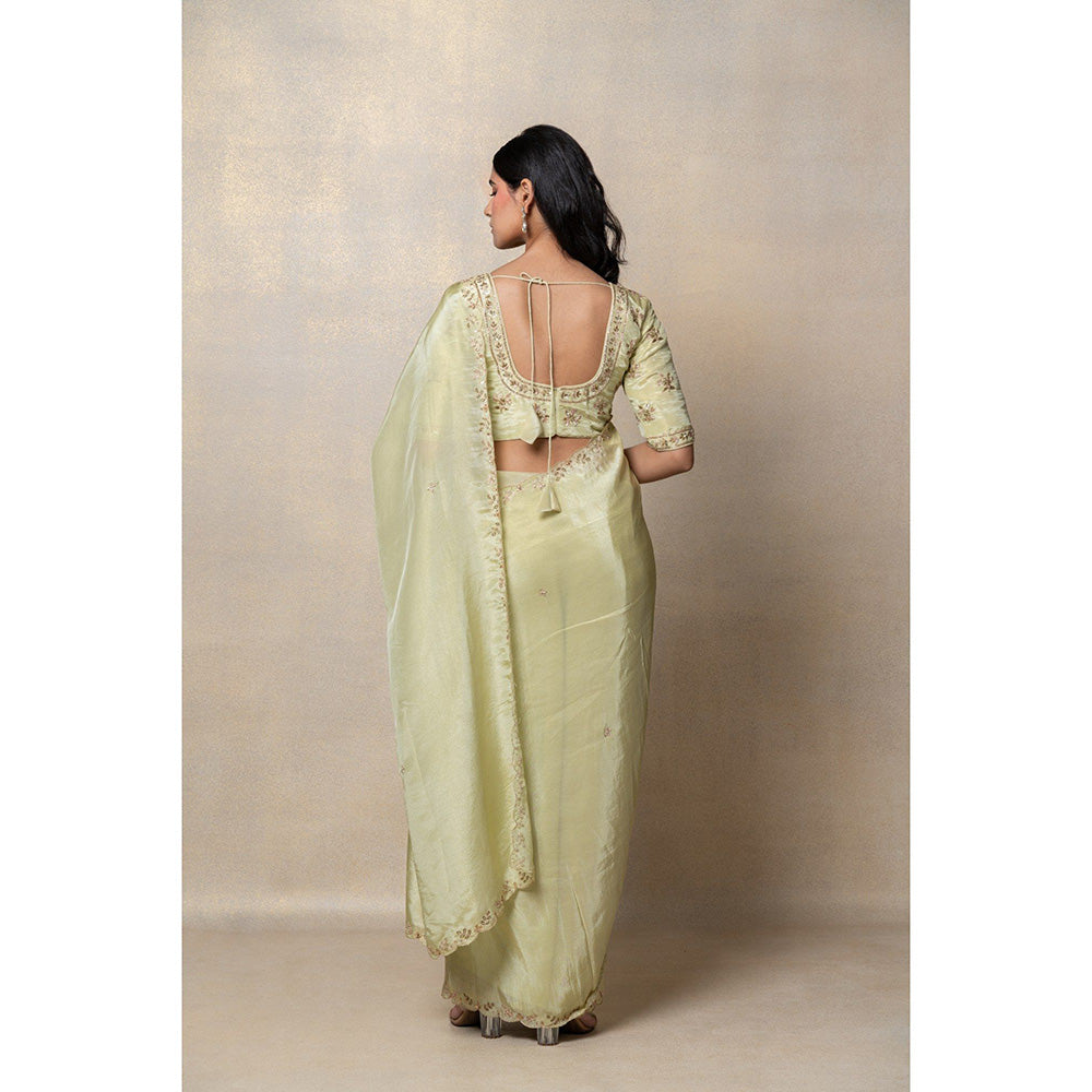 RIYAASAT Pista Green Silk Zari Embroidery Saree and Unstiched Blouse