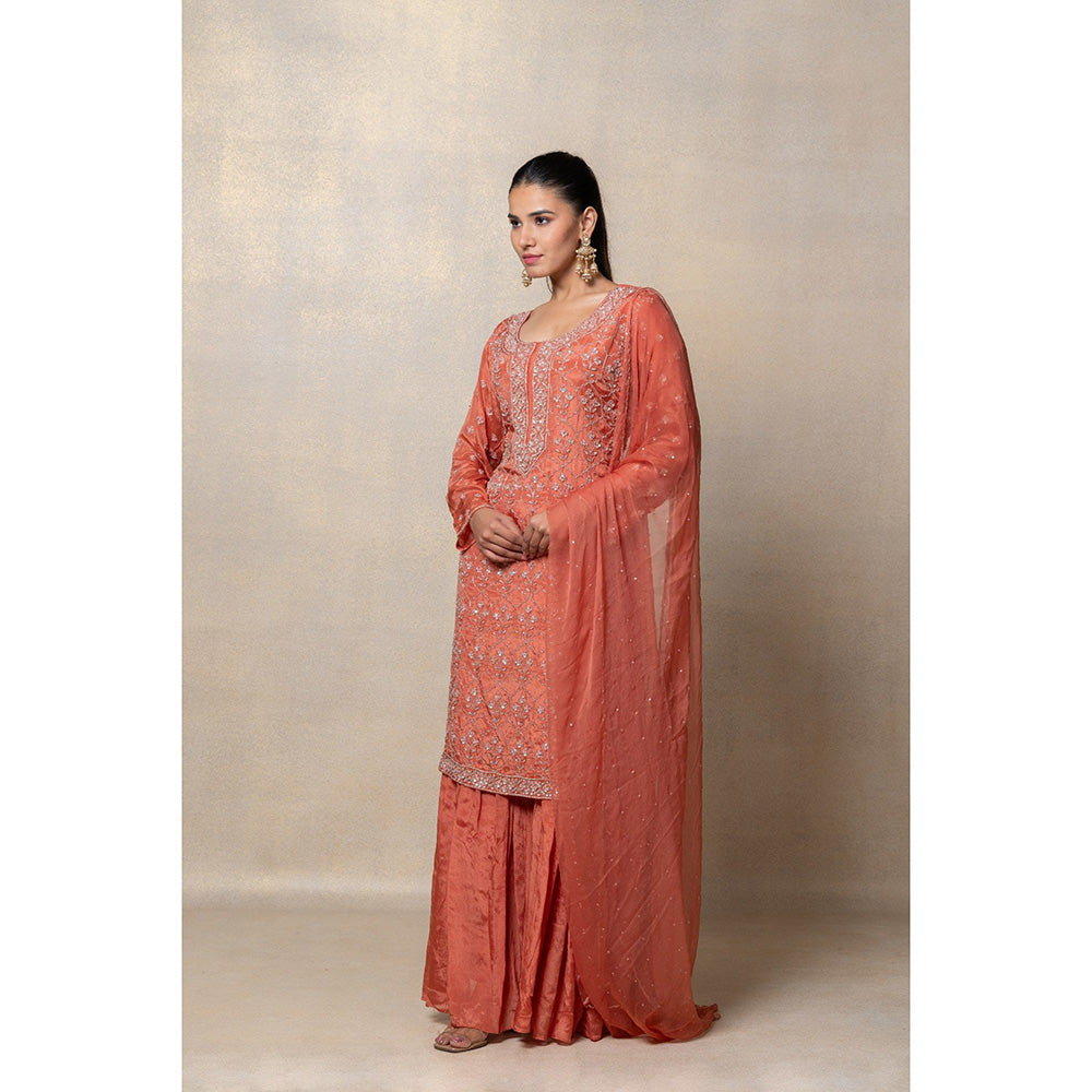 RIYAASAT Brick Red Sequinned Soft Silk Kurta with Palazzo and Dupatta (Set of 3)