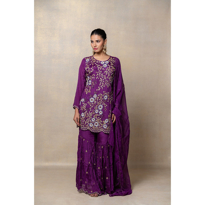 RIYAASAT Indigo Purple Soft Silk Sequinned Kurta with Sharara and Dupatta (Set of 3)