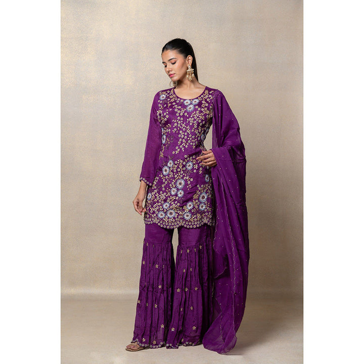 RIYAASAT Indigo Purple Soft Silk Sequinned Kurta with Sharara and Dupatta (Set of 3)