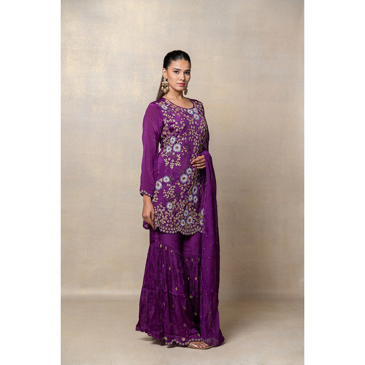 RIYAASAT Indigo Purple Soft Silk Sequinned Kurta with Sharara and Dupatta (Set of 3)