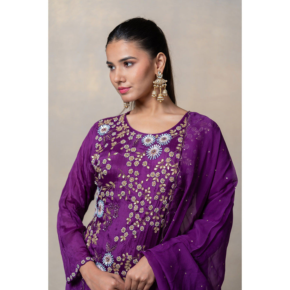 RIYAASAT Indigo Purple Soft Silk Sequinned Kurta with Sharara and Dupatta (Set of 3)