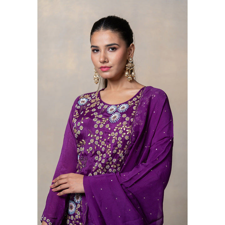 RIYAASAT Indigo Purple Soft Silk Sequinned Kurta with Sharara and Dupatta (Set of 3)