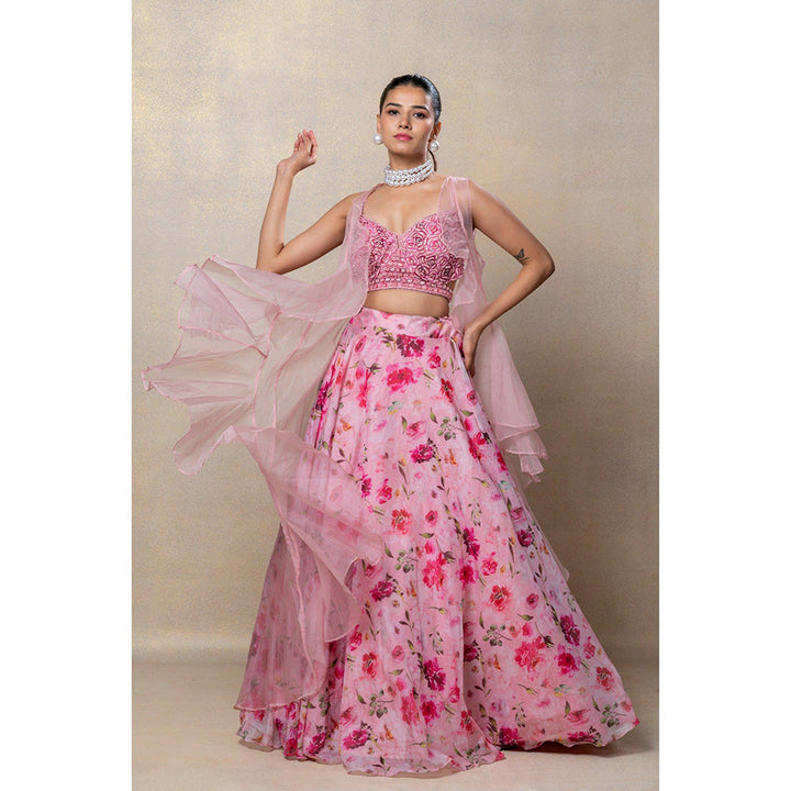 RIYAASAT Blush Pink Organza Lehenga with Blouse and Dupatta (Set of 3)