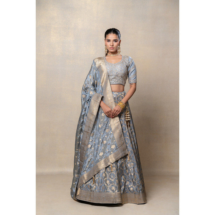 RIYAASAT Metallic Silver Soft Silk Lehenga with Blouse and Dupatta (Set of 3)