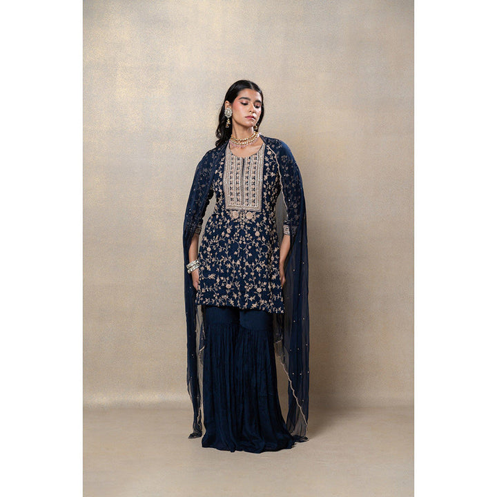 RIYAASAT Navy Blue Sequinned Soft Silk Kurta with Sharara and Dupatta (Set of 3)