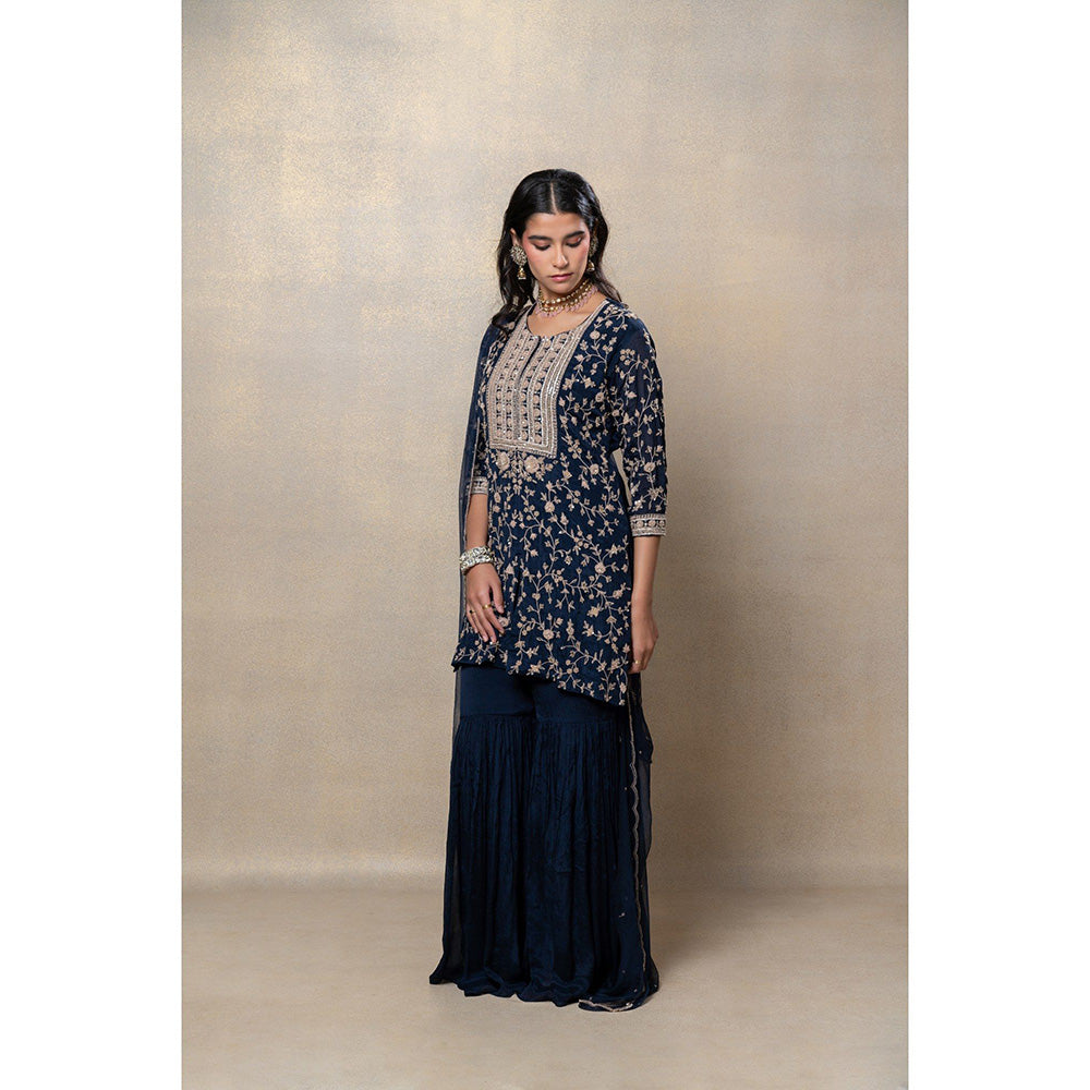 RIYAASAT Navy Blue Sequinned Soft Silk Kurta with Sharara and Dupatta (Set of 3)