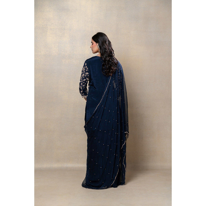 RIYAASAT Navy Blue Sequinned Soft Silk Kurta with Sharara and Dupatta (Set of 3)