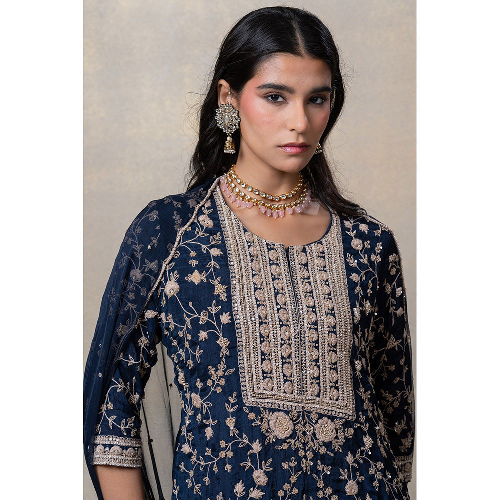 RIYAASAT Navy Blue Sequinned Soft Silk Kurta with Sharara and Dupatta (Set of 3)