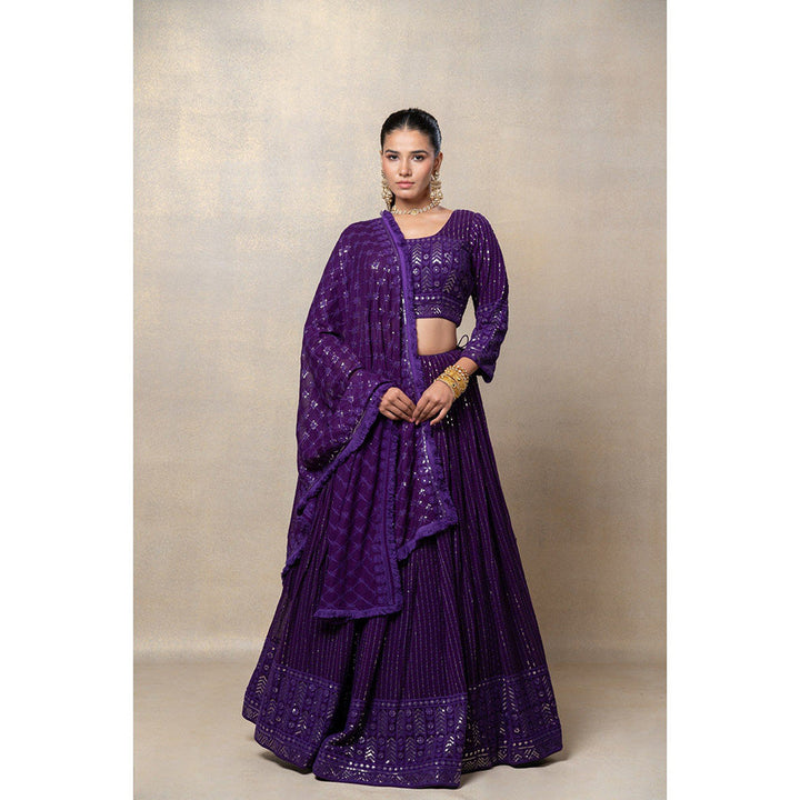 RIYAASAT Indigo Purple Sequinned Georgette Silk Lehenga with Blouse and Dupatta (Set of 3)