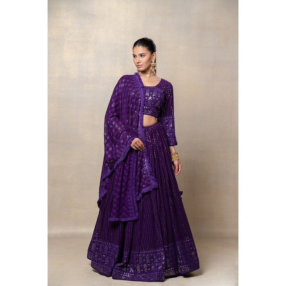 RIYAASAT Indigo Purple Sequinned Georgette Silk Lehenga with Blouse and Dupatta (Set of 3)