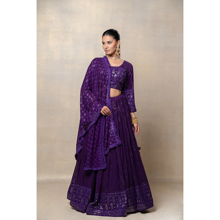 RIYAASAT Indigo Purple Sequinned Georgette Silk Lehenga with Blouse and Dupatta (Set of 3)