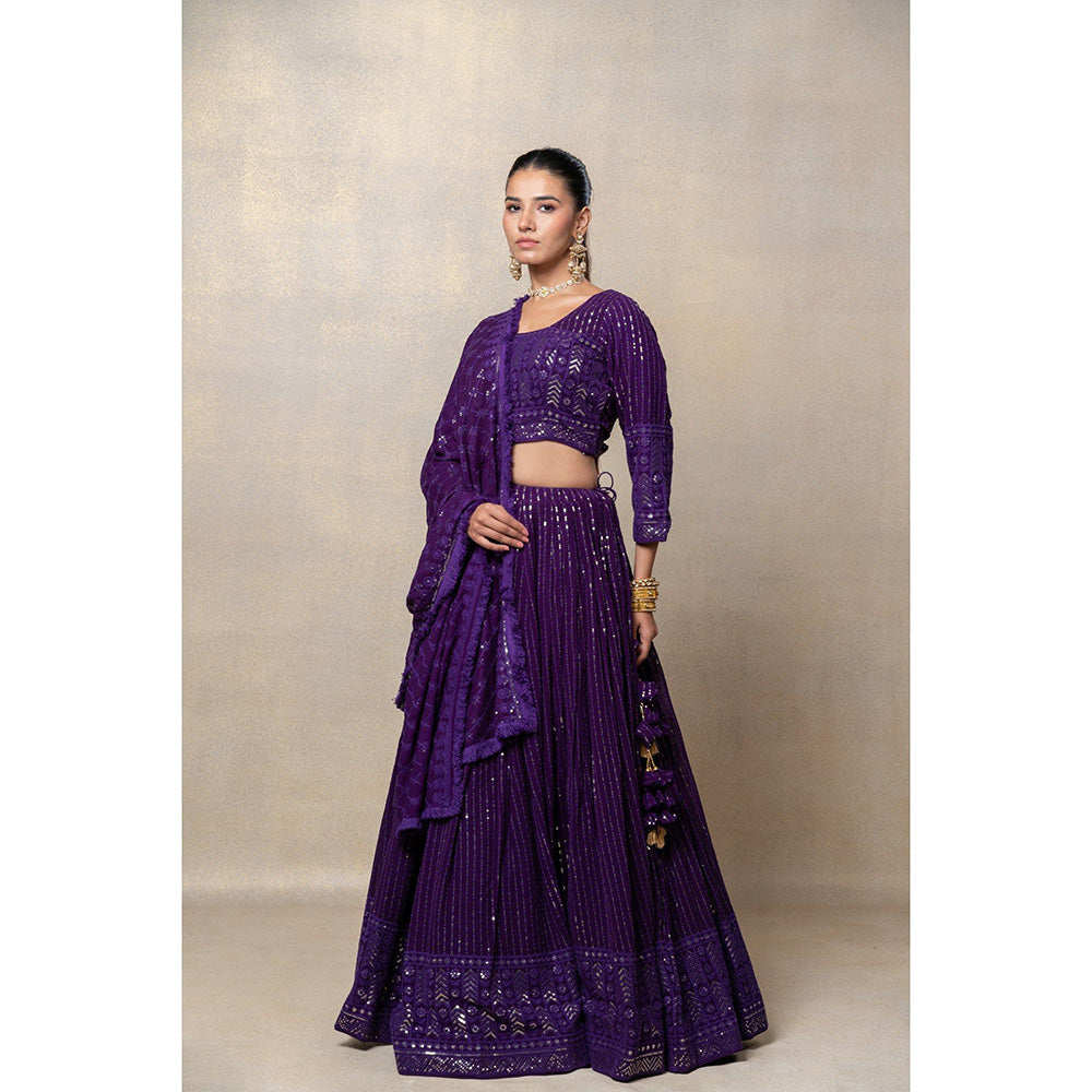 RIYAASAT Indigo Purple Sequinned Georgette Silk Lehenga with Blouse and Dupatta (Set of 3)