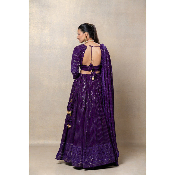 RIYAASAT Indigo Purple Sequinned Georgette Silk Lehenga with Blouse and Dupatta (Set of 3)