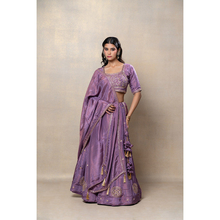 RIYAASAT Rich Lilac Mirror and Zari Embellished Lehenga with Blouse and Dupatta (Set of 3)