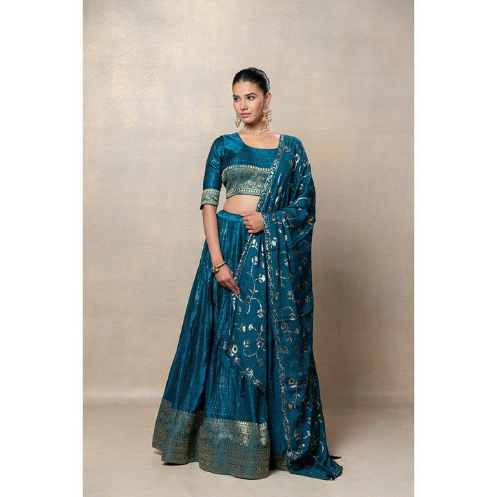 RIYAASAT Teal Blue Soft Silk Sequinned Lehenga with Blouse and Dupatta (Set of 3)