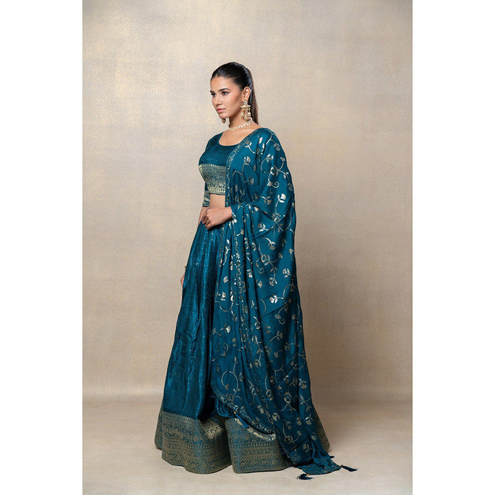 RIYAASAT Teal Blue Soft Silk Sequinned Lehenga with Blouse and Dupatta (Set of 3)