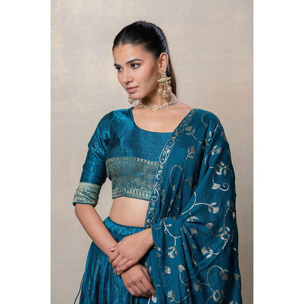 RIYAASAT Teal Blue Soft Silk Sequinned Lehenga with Blouse and Dupatta (Set of 3)