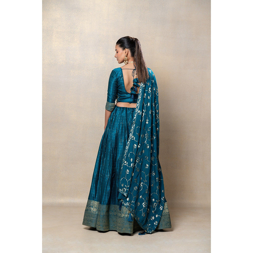 RIYAASAT Teal Blue Soft Silk Sequinned Lehenga with Blouse and Dupatta (Set of 3)