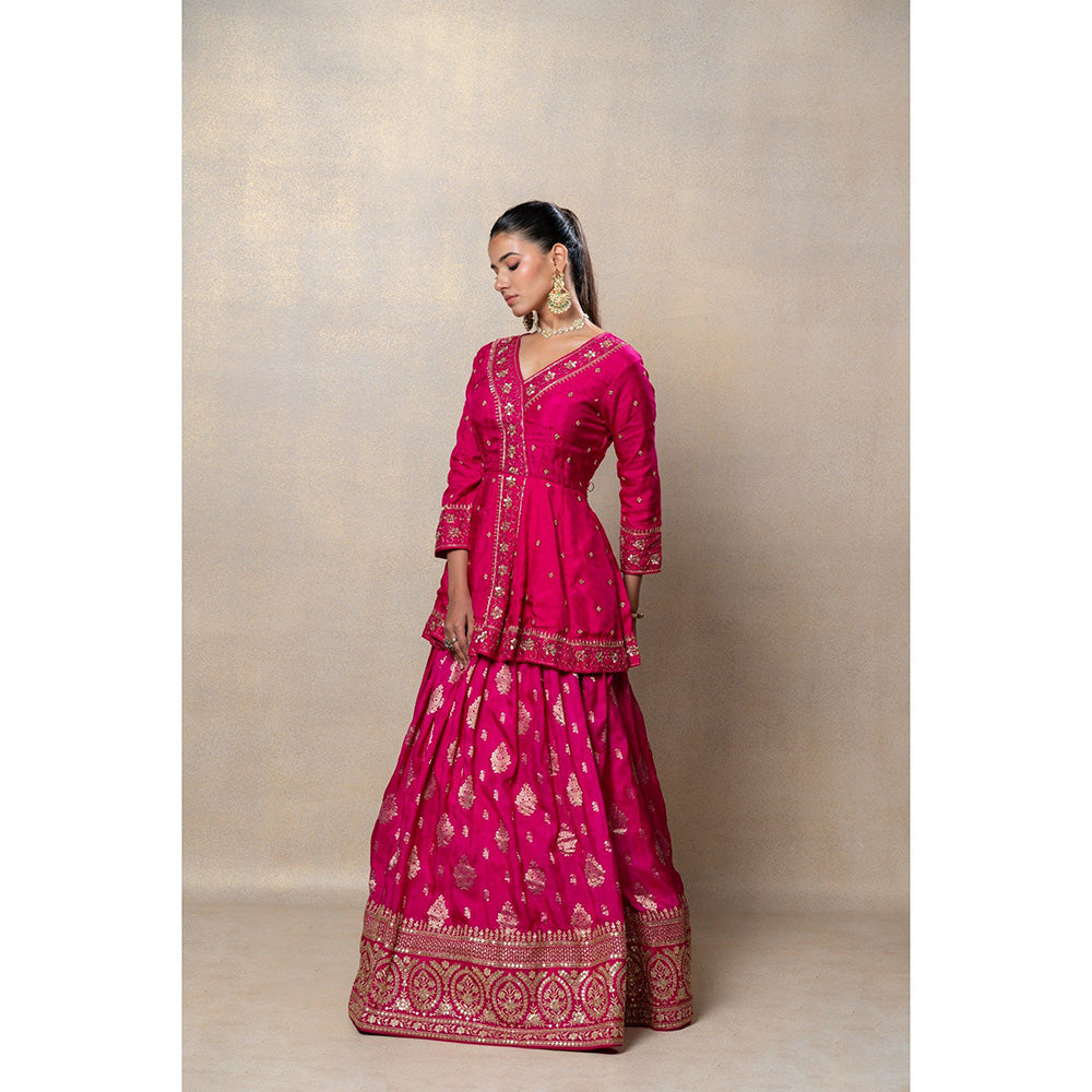 RIYAASAT Flamingo Pink Soft Silk Indo-Western Lehenga with Kurta (Set of 2)