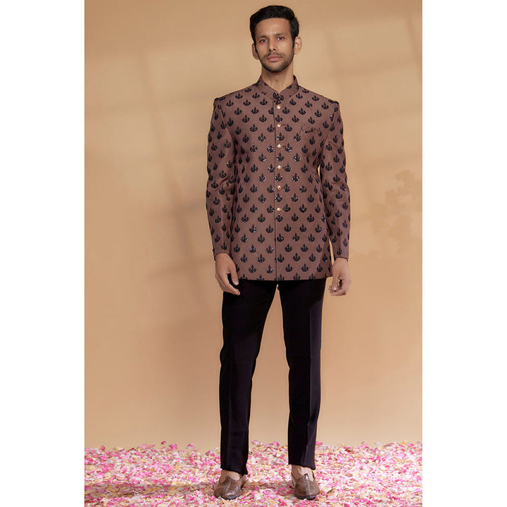 RIYAASAT Brown Silk Sequined Jodhpuri Bandhgala and Pant (Set of 2)