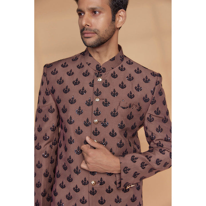 RIYAASAT Brown Silk Sequined Jodhpuri Bandhgala and Pant (Set of 2)