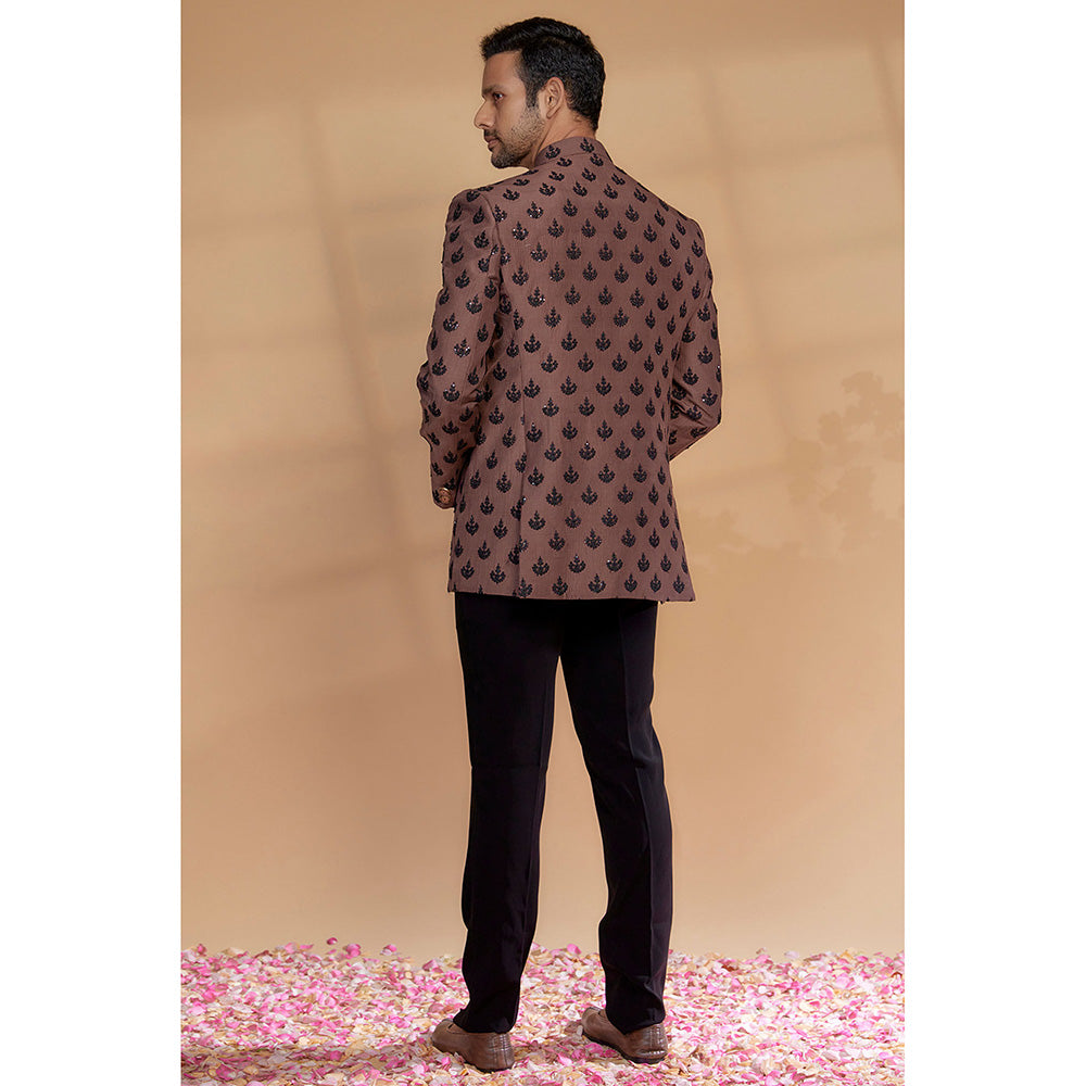 RIYAASAT Brown Silk Sequined Jodhpuri Bandhgala and Pant (Set of 2)