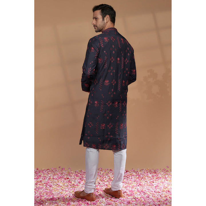 RIYAASAT Black Silk Embroidered Kurta with Churidar (Set of 2)