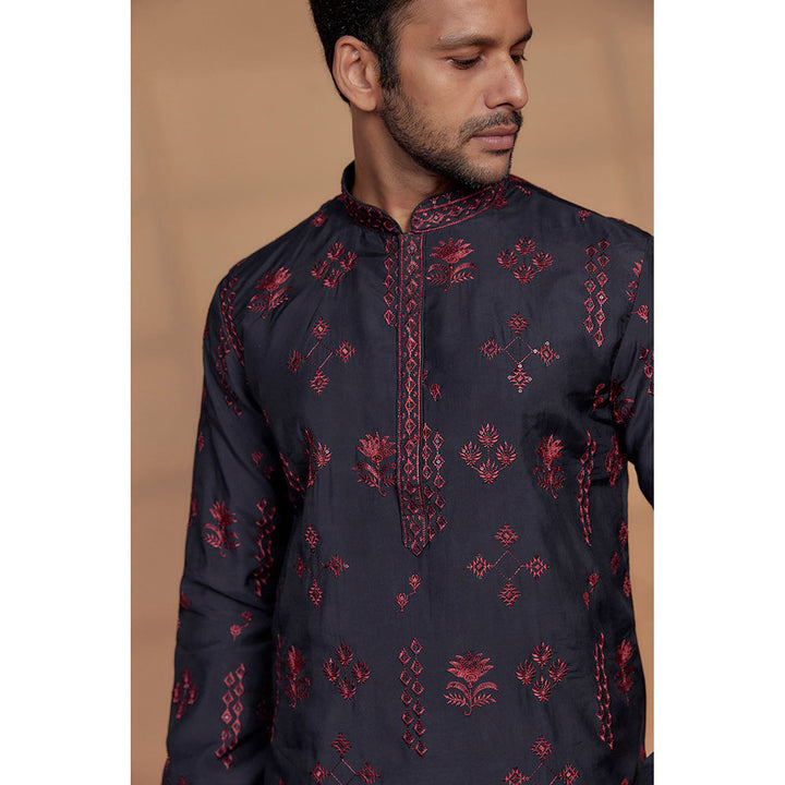 RIYAASAT Black Silk Embroidered Kurta with Churidar (Set of 2)