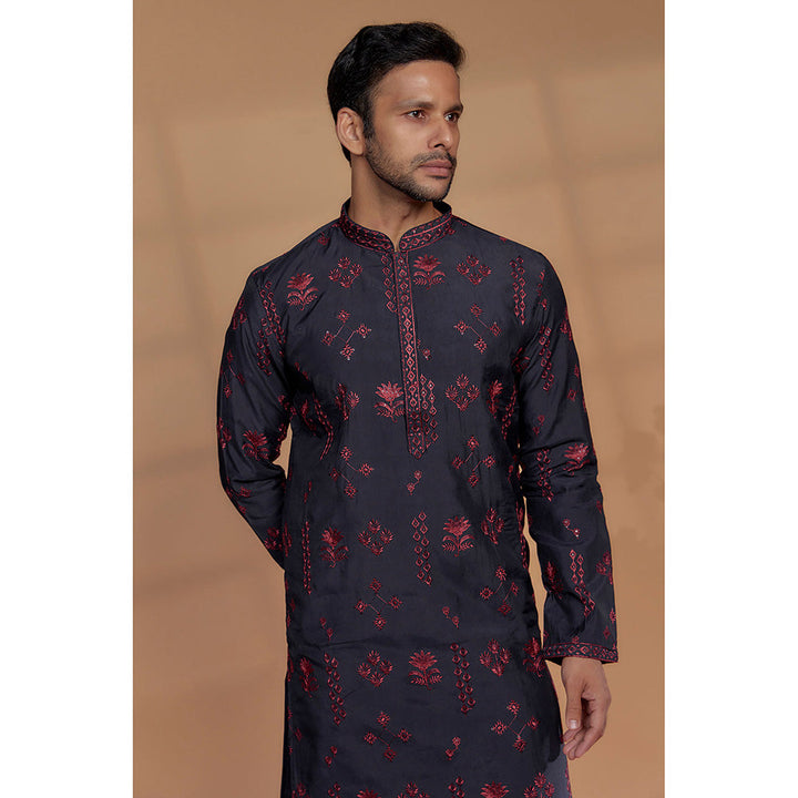 RIYAASAT Black Silk Embroidered Kurta with Churidar (Set of 2)