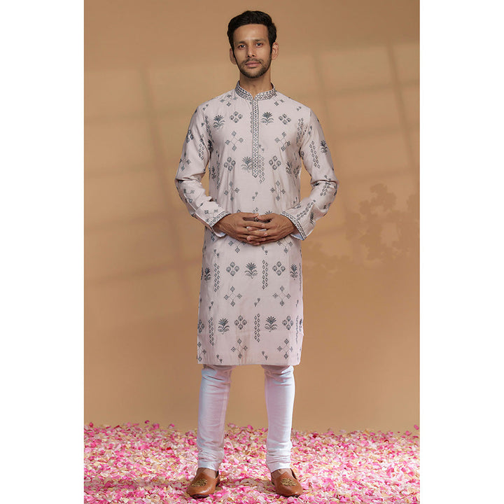 RIYAASAT Porcelain Off White Silk Embroidered Kurta with Churidar (Set of 2)