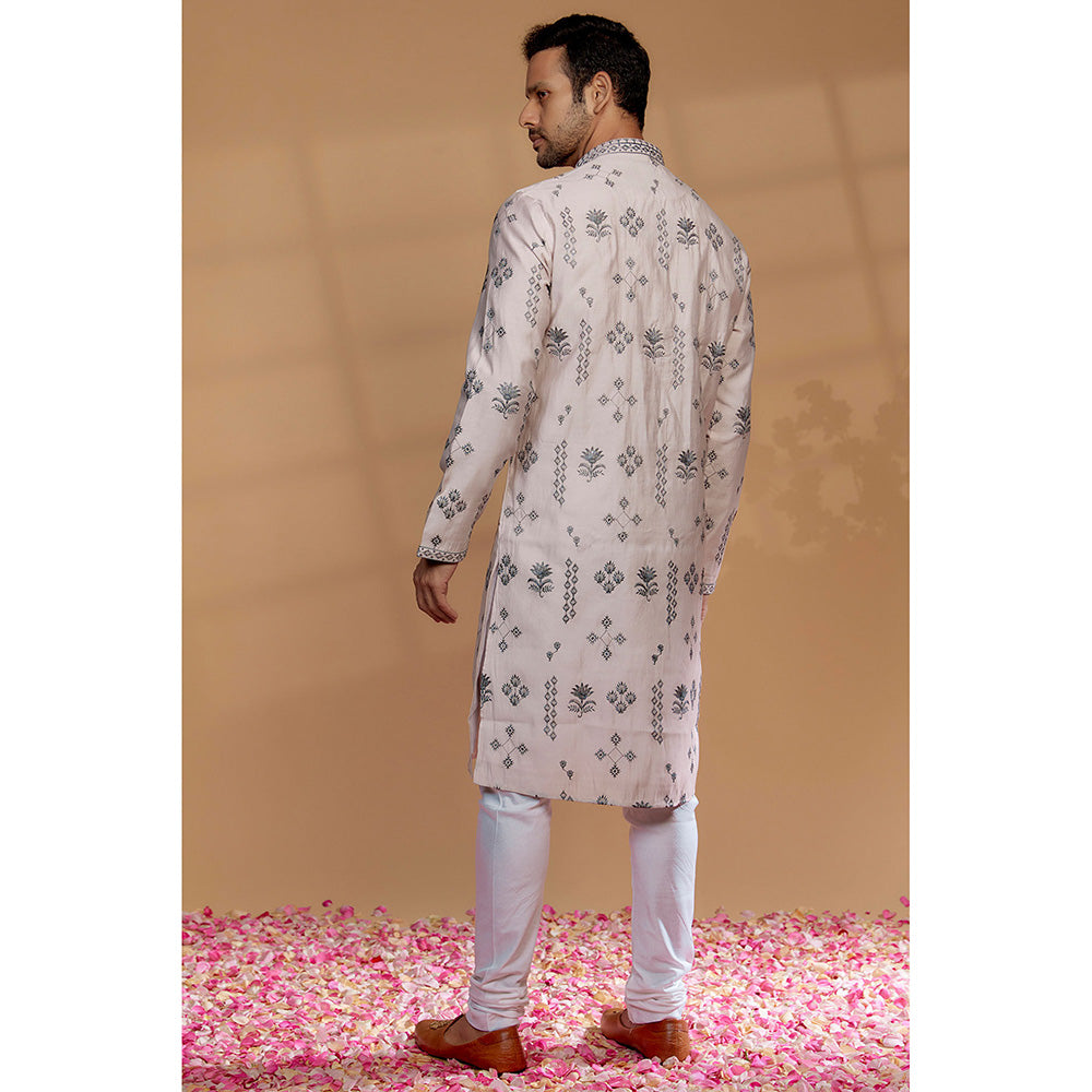 RIYAASAT Porcelain Off White Silk Embroidered Kurta with Churidar (Set of 2)