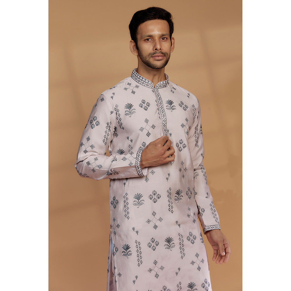 RIYAASAT Porcelain Off White Silk Embroidered Kurta with Churidar (Set of 2)