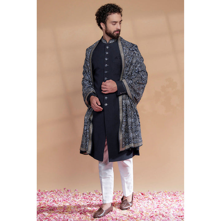 RIYAASAT Midnight Blue Imported Italian Fabric Sherwani with Pant and Shawl (Set of 3)