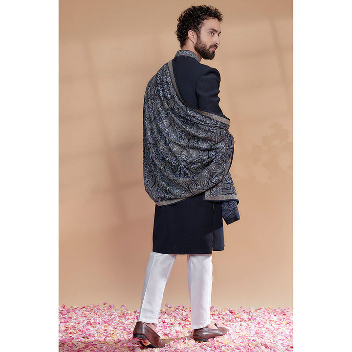 RIYAASAT Midnight Blue Imported Italian Fabric Sherwani with Pant and Shawl (Set of 3)