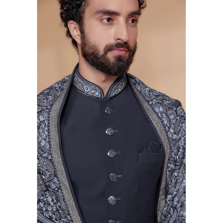 RIYAASAT Midnight Blue Imported Italian Fabric Sherwani with Pant and Shawl (Set of 3)