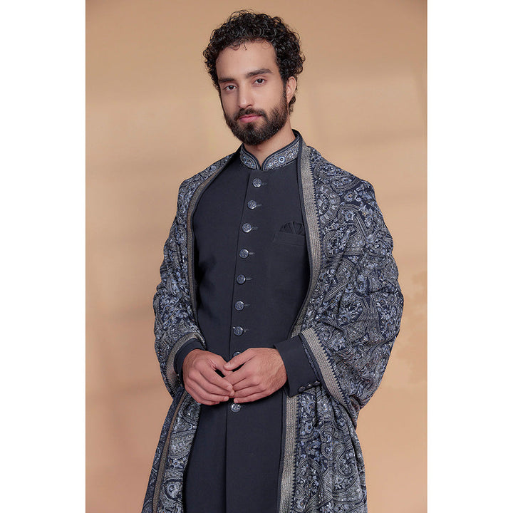 RIYAASAT Midnight Blue Imported Italian Fabric Sherwani with Pant and Shawl (Set of 3)