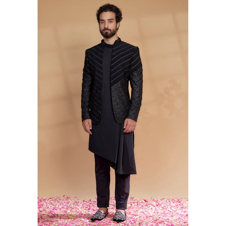 RIYAASAT Black Imported Suiting Fabric Embellished Sherwani with Jacket and Pant (Set of 3)