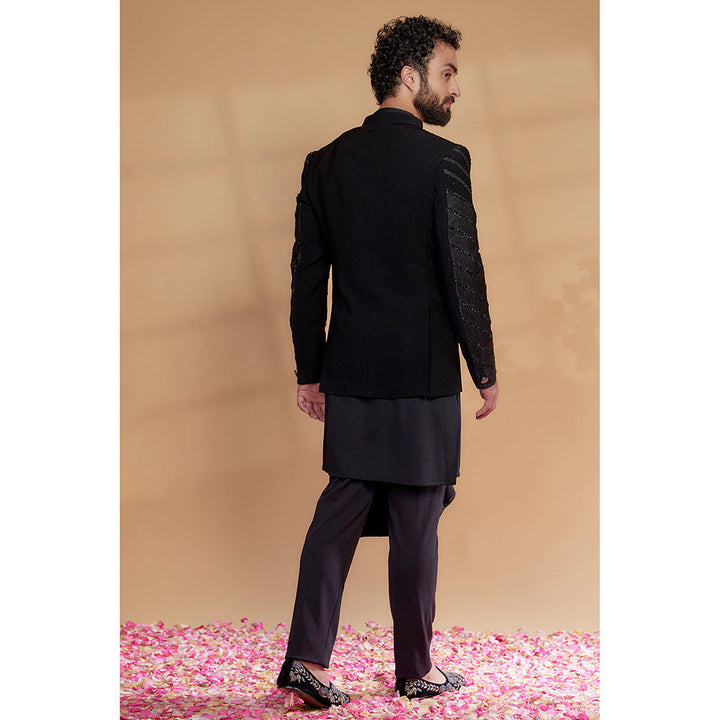 RIYAASAT Black Imported Suiting Fabric Embellished Sherwani with Jacket and Pant (Set of 3)