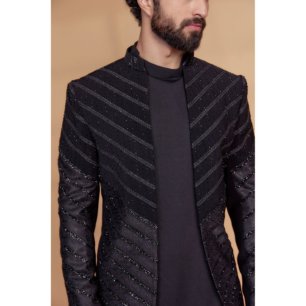 RIYAASAT Black Imported Suiting Fabric Embellished Sherwani with Jacket and Pant (Set of 3)