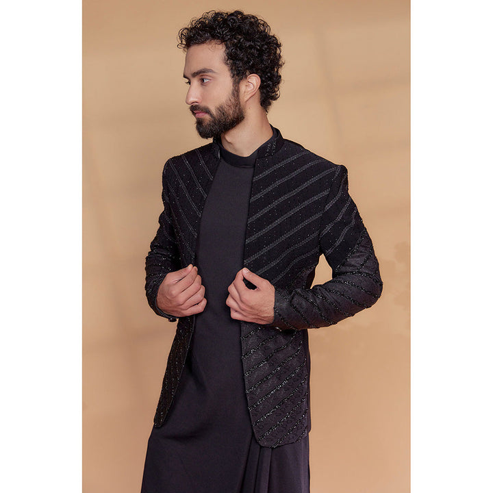 RIYAASAT Black Imported Suiting Fabric Embellished Sherwani with Jacket and Pant (Set of 3)