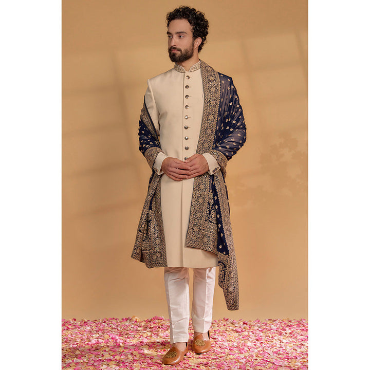 RIYAASAT Pale Beige Italian Suiting Sherwani and Pant (Set of 3)