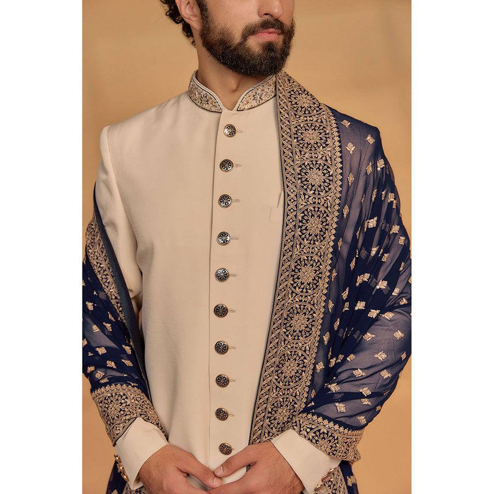 RIYAASAT Pale Beige Italian Suiting Sherwani and Pant (Set of 3)