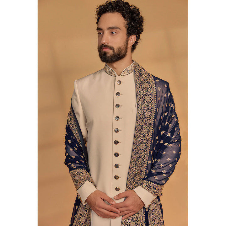 RIYAASAT Pale Beige Italian Suiting Sherwani and Pant (Set of 3)