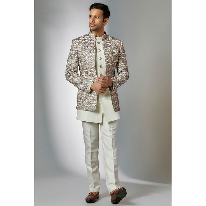 RIYAASAT Grey Silk & Imported Suiting Fabric Kurta and Pant with Jacket (Set of 3)