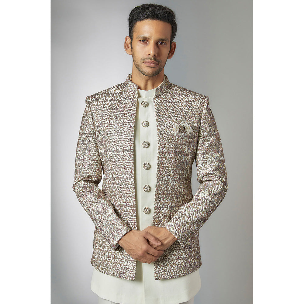 RIYAASAT Grey Silk & Imported Suiting Fabric Kurta and Pant with Jacket (Set of 3)